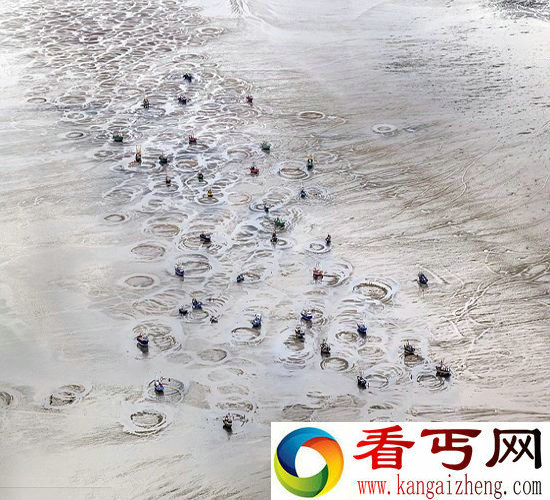 航拍渔船“画”圈 渔民搅拌海床捕获鸟蛤
