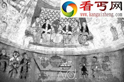 陕西横山元代壁画墓 墓主夫妇6人共饮