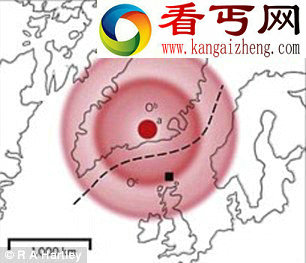 大约5600万年前的北大西洋。a、b和c是科学家认为的地柱中心所在地。虚线代表大陆解体 大西洋海底发现5600万年前古代沉山与河床
